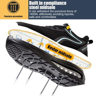 Черевики робочі чоловічі та жіночі S3 з металевим підноском, легкі, антиковзаючі, дихаючі, спортивні, чорно-сині, 42 EU