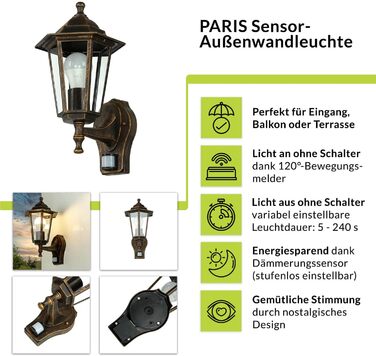 Зовнішня настінна лампа PARIS з датчиком руху, античний мідний колір, IP44, матеріал: алюміній, скло, E27, висота: 23 см. Для саду та вулиці.