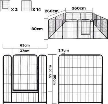 Кія для собак, вольєр для цуценят 65x80 см, чорний металевий, для собак, котів, кроликів, внутрішній/зовнішній, 16 частин