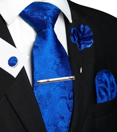 Набір краваток JEMYGINS для чоловіків: краватка з візерунком пава, нагрудна хустинка, краватки-затискач, брош, застібки для манжет (блакитний)