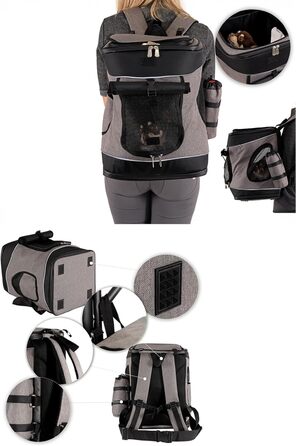 Сумка-рюкзак для тварин Lionto, 34x30x42 см, з водонепроникного оксфорду та сітки, з тримачем для пляшки та подушкою, для тварин до 10 кг, сіра/зелена