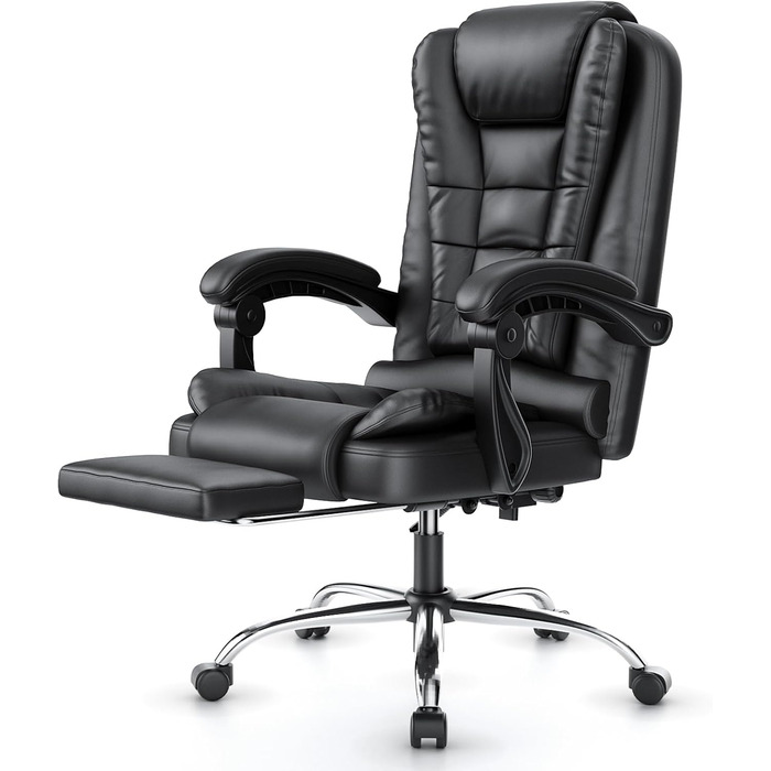 Офісний крісло-шезлонг для кухні/офісу Naspauluro: ергономічний комп'ютерний стілець з високою спинкою, підлокітниками та регулюванням висоти, функція нахилу, поворотний, з підніжкою (чорний)