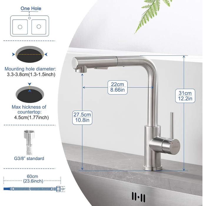 Висувна кухонна змішувач з душем, 360° поворот, нержавіюча сталь, 2 режими струменя, кухонна змішувач преміум-класу, сріблястого кольору