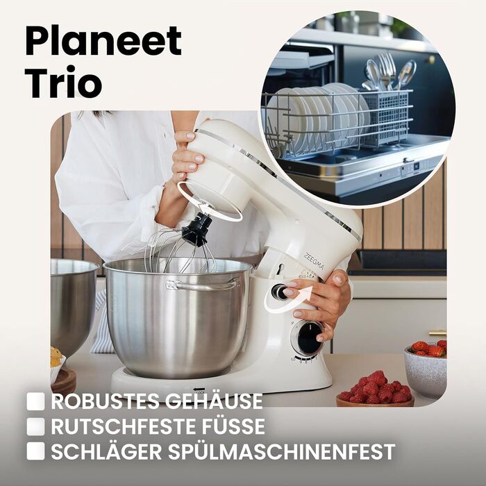 Кухонний комбайн ZEEGMA PLANEET TRIO: планетарний робот, 1500 Вт, 3 чаші (4 л, 4,5 л, 5,2 л), 10 швидкостей, міксер з гаками та вінчиком, кришка з мірним стаканом