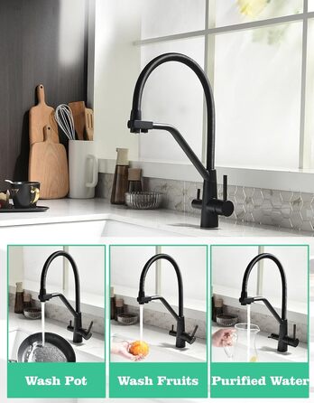 Змішувач кухонний поворотний на 360° з висувним дощувачем, з позолоченим покриттям, для кухні, однорідний, з трьома виходами, чорний