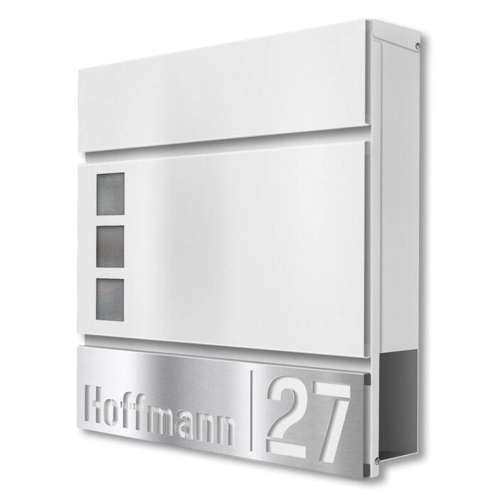 Поштова скринька Metzler Svena з нержавіючої сталі (RAL 9007) та іменним шильдиком, біла. З газетницею та вікном. Розмір: 37x37x10.5 см