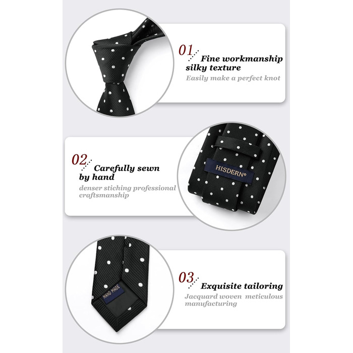 Чоловіча краватка HISDERN з кишеньковим хустинкою в горошок. Класичний стиль для весілля, ділових зустрічей. Чорно-білий комплект, універсальний розмір.
