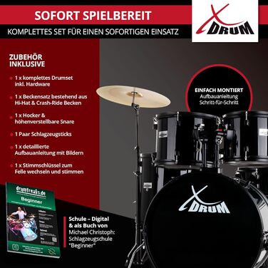 XDrum Rookie 22' барабанний комплект Standard Black - ідеальний для початківців, стильна фурнітура, з паличками 5B, інструкцією та школою барабанщиків