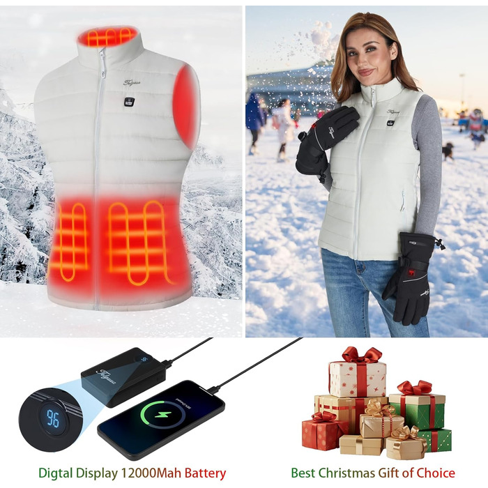 Грілка-жилет для жінок Telguua з акумулятором 5V 12000mAh, USB-C, 4 зони обігріву, 3 режими температури, білий, XL