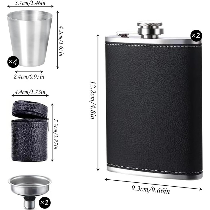 Фляга сталева 8oz (2 шт.) з воронками, келихами та сумкою, чорна - DALAETUS