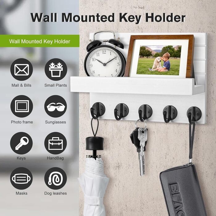 Дерев'яне ключниця на стіну з полицею, білий колір. 5 гачків для ключів, для прихожої, спальні, вітальні