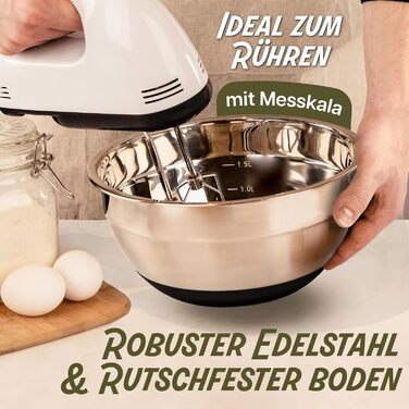 Набір з 3 нержавіючих мисок з кришкою Praknu - великі, з антиковзним покриттям, герметичні, з мірною шкалою, економні