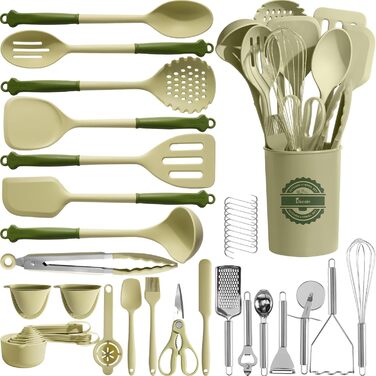 Набір кухонних аксесуарів Kikcoin 43 шт. – Силіконовий набір кухонних інструментів, безпечний для миття в посудомийній машині, лопатки для антипригарного посуду, стійкий до 230°C, кухонні помічники з підставкою, BPA-free, колір: авокадо