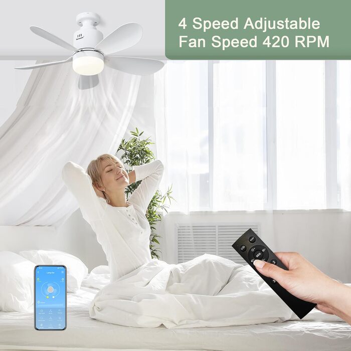 Стеляний вентилятор з підсвіткою, 53 см, з пультом дистанційного керування та таймером, 4 швидкості, регулювання температури кольору 3000K-6500K