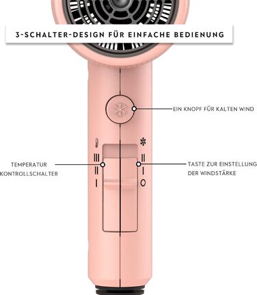 Фен AINA з дифузором для волосся | Іон-технологія, керамічне покриття, холодний струмінь | Швидке сушіння та блиск | 230v~, Baby Rosa