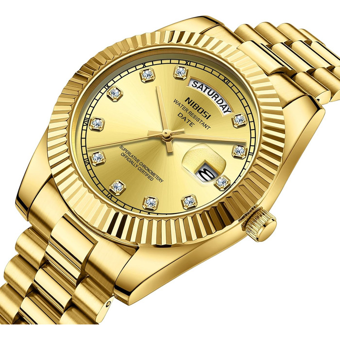 Годинник NIBOSI для чоловіків: аналоговий кварцовий годинник з нержавіючої сталі, водонепроникний, з датою та індикатором дня тижня, бізнес-стиль, класика (2627-gold)