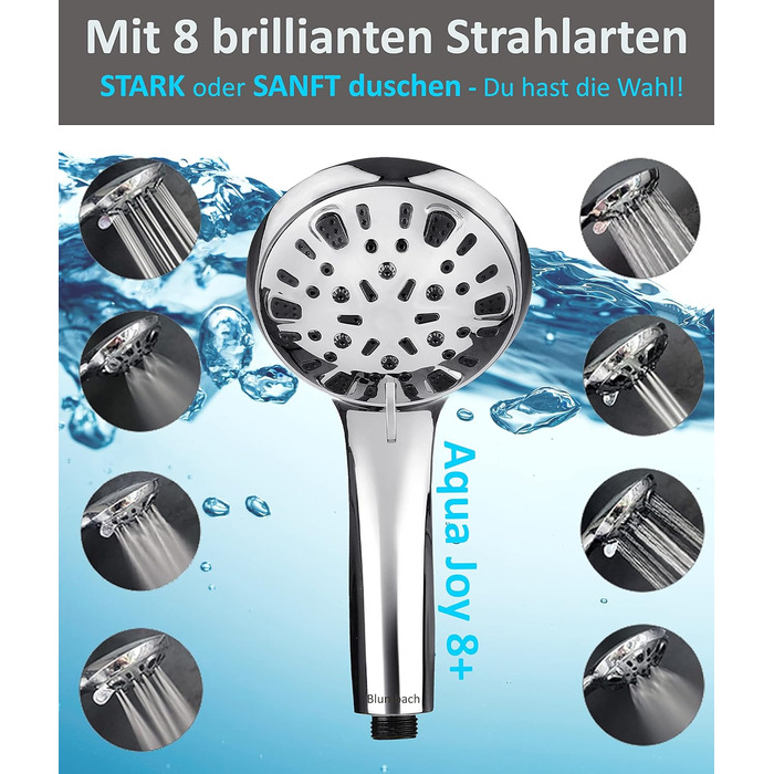 BLUMBACH® Shower Head - Water-Saving - High-Pressure Aqua Joy Shower Head - 8 Spray Patterns, Pressure-Boosting Shower Head, Shower Head, Water-Saving Shower Head, High Water Pressure Strong Jet