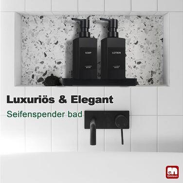 Диспенсер для мила GMISUN чорний скляний 350 мл для кухні та ванної кімнати з піддоном та водонепроникними етикетками