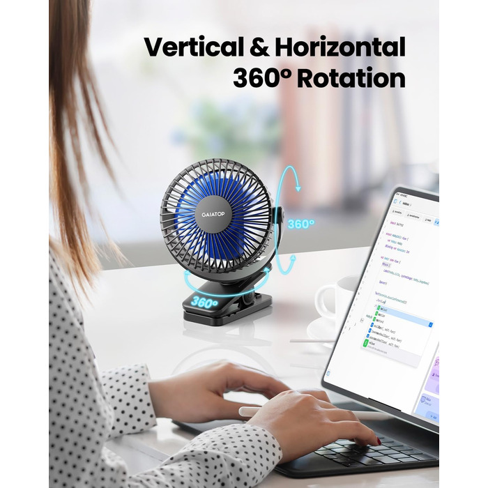 Портативний вентилятор Gaiatop на кліпсу, акумуляторний, компактний USB-вентилятор для столу, 3 швидкості, міні-вентилятор, чорний/блакитний (CF40)