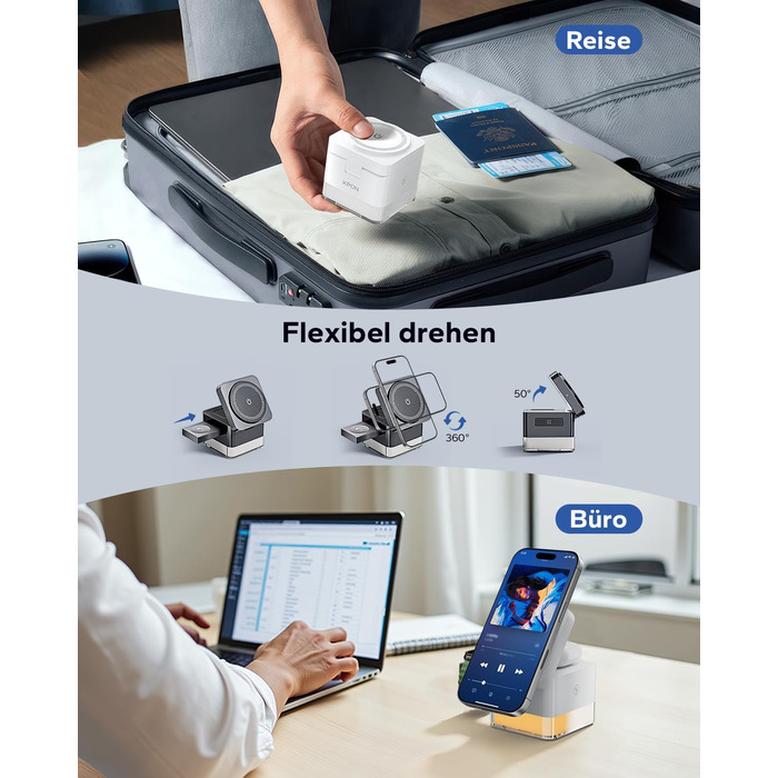 База для зарядки Apple Watch та iPhone MagSafe 3-в-1, куб сірого кольору, сумісна з iPhone 17/16/15/14/13/12/Air/Pro Max, Apple Watch 11/10/9, AirPods