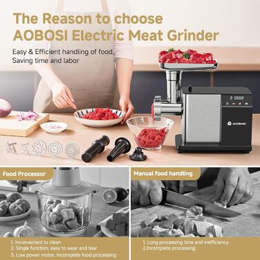 AAOBOSI Electric Meat Grinder - 3000W MAX with LED Display, 3 Speeds, Anti-Clogging Technology, Built-in Storage Box, Sausage Maker & Kibbeh Maker for Home Use