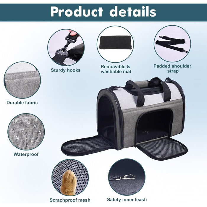 Переносна переноска для тварин Jespet, м'які стінки, для котів та цуценят, 41 x 25 x 28 см, блакитний колір