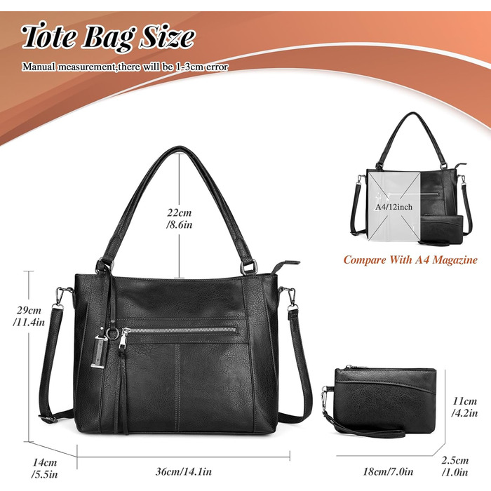 BAIGIO Комплект сумок жіночих: сумка-шопер середнього розміру, кросбоді та гаманець зі штучної шкіри, чорний