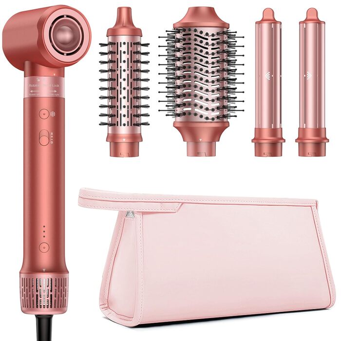 HITTIONA Airstyler 5 в 1: фен, плойка для локонів Auto-Wrap, іонізація, швидка сушка, захист від перегріву, об'єм та шовковистість, з чохлом (корал-червоний)