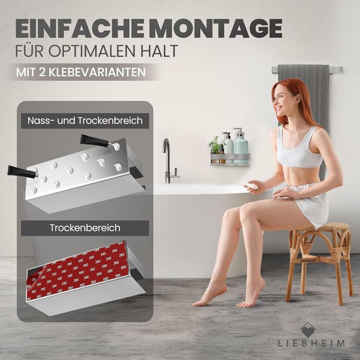 Поличка для душу з нержавіючої сталі S304 - без свердління, монтаж на клейкій стрічці, срібляста, для ванної кімнати