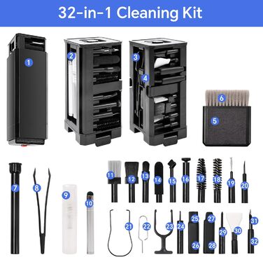 Набір для чищення електроніки 32 в 1 з щіткою. Багатофункціональне приладдя для Airpods, клавіатур, ноутбуків, телефонів, навушників (чорний)