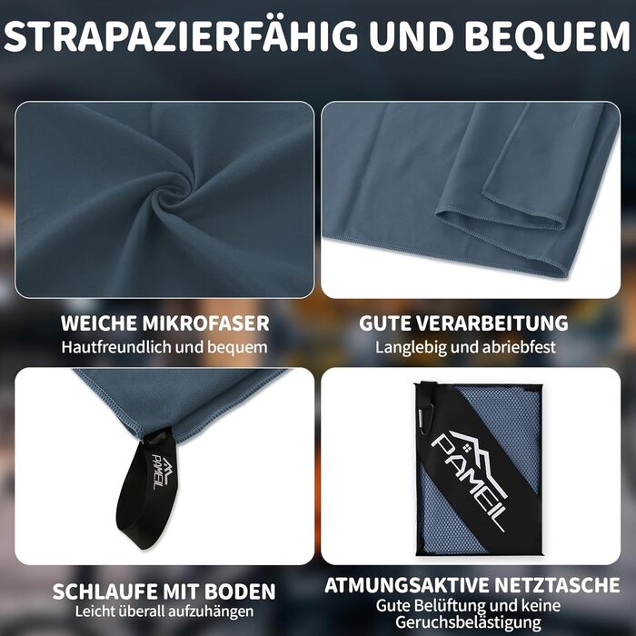 Набір рушників з мікрофібри Pameil (3 шт.): великий (160x80 см) + 2 маленькі (80x40 см), швидковисихаючі, для подорожей, фітнесу, сауни, блакитні