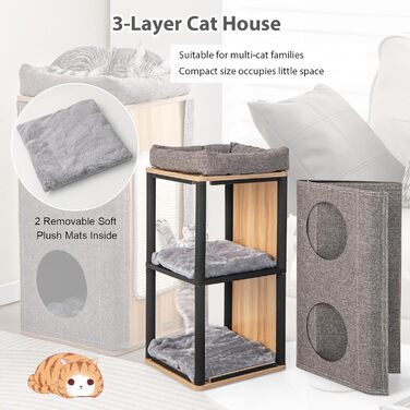 Котячий будиночок SOARS з когтеточкою, 3 яруси, 2 будиночки та ліжко, когтеточний комплекс для котів
