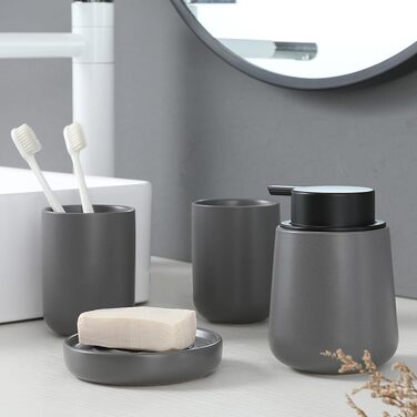 4-Piece Bathroom Accessories Set, Ceramic Bathroom Accessories Set with Soap Dispenser, Soap Dish, Toothbrush Holder, Elegant Matte Bathroom Set with Embossed Details, White (Gray)
