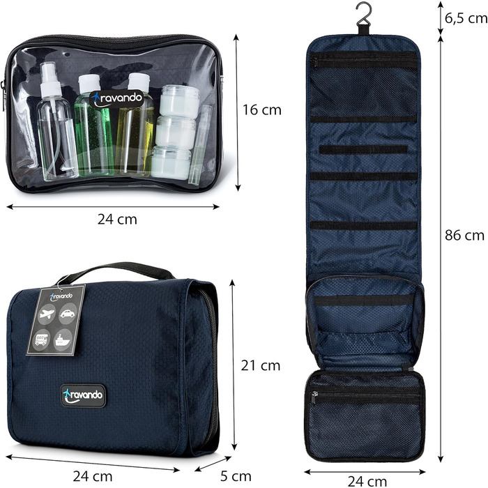 Чоловіча дорожня косметичка TRAVANDO з петлею, прозора, велика, для подорожей, вміщує рідини, морського кольору