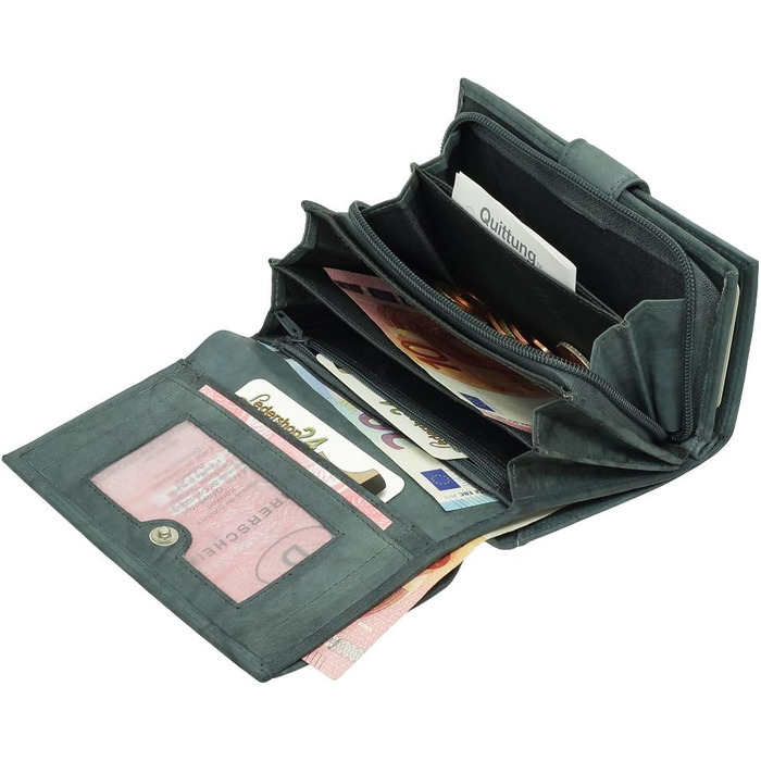 Ledershop24 RFID Women's Leather Wallet, Women's Purse, Women's Money Wallet - Long Blue-Gray Leather - Gift Set + Exclusive Key Chain