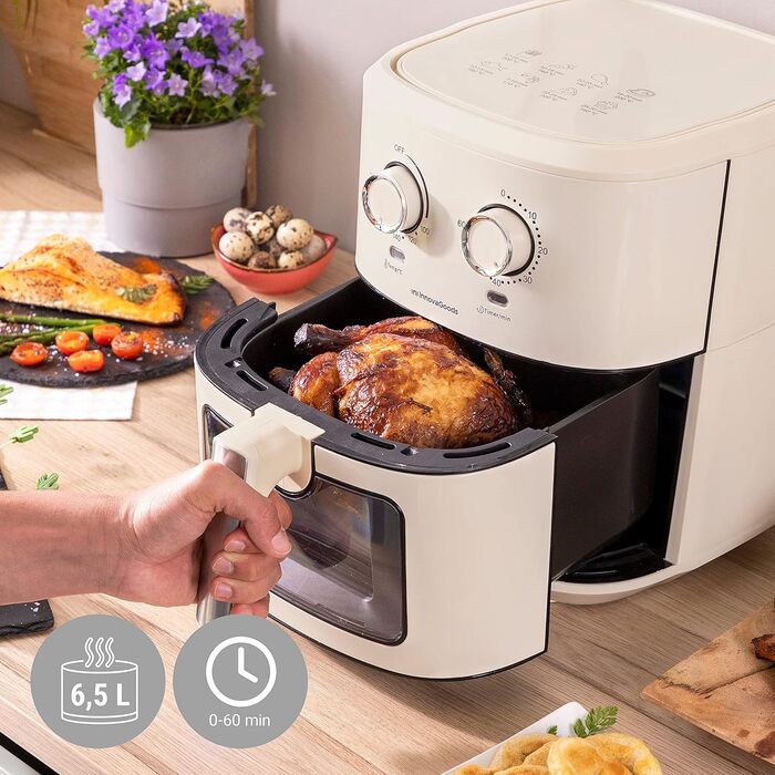Аерофритюрниця InnovaGoods Vintage 6,5 л, 1700 Вт, з віконцем, антипригарний кошик, таймер, 360° циркуляція повітря, понад 100 рецептів, для 4-6 осіб, кремова