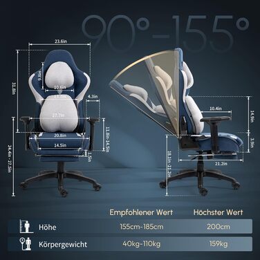 Dowinx Геймінговий крісло, дихаючий офісний стілець з високоякісного матеріалу, ергономічний PC стілець з 4D підлокітниками, регульований та поворотний геймінговий стілець з підніжкою, блакитний