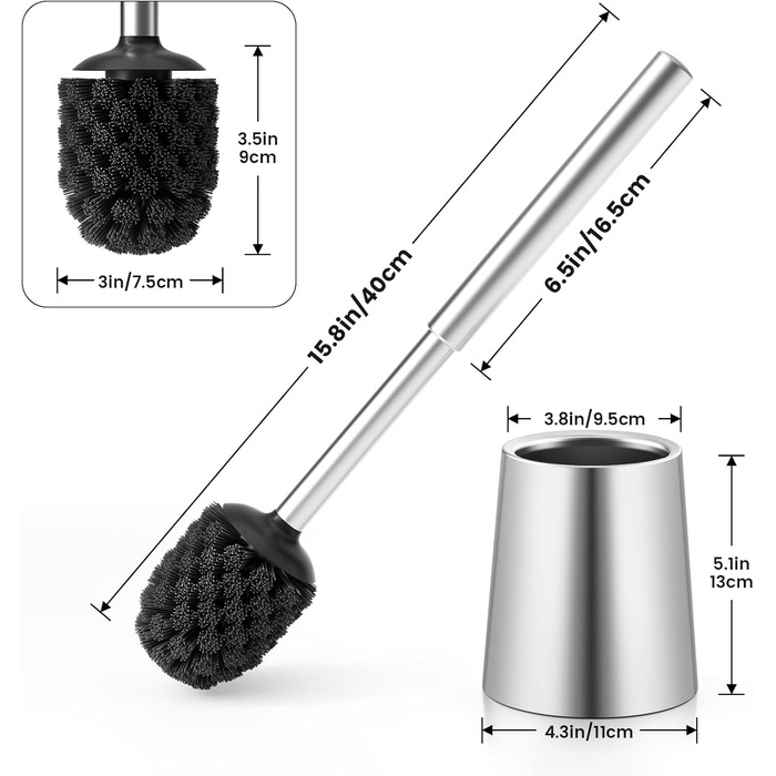 Торцева щітка для унітазу з нержавіючої сталі 304, довговічна та надійна, сучасний дизайн, змінний насадок, ідеальна для дому, офісу, готелю та квартири (геованізоване срібло), щітка з щетиною