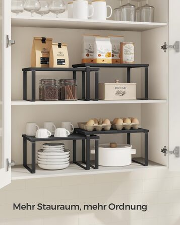SONGMICS Spice Rack, 4-Piece Set, Kitchen Shelf, Kitchen Organizer, Expandable, Spice Holder, Stackable, with Metal Frame, 19.5 x 29.7 x 15.8 cm, Ink Black + Natural Beige KCS10NB (Ink Black + Ebony Black, 29.7B cm)