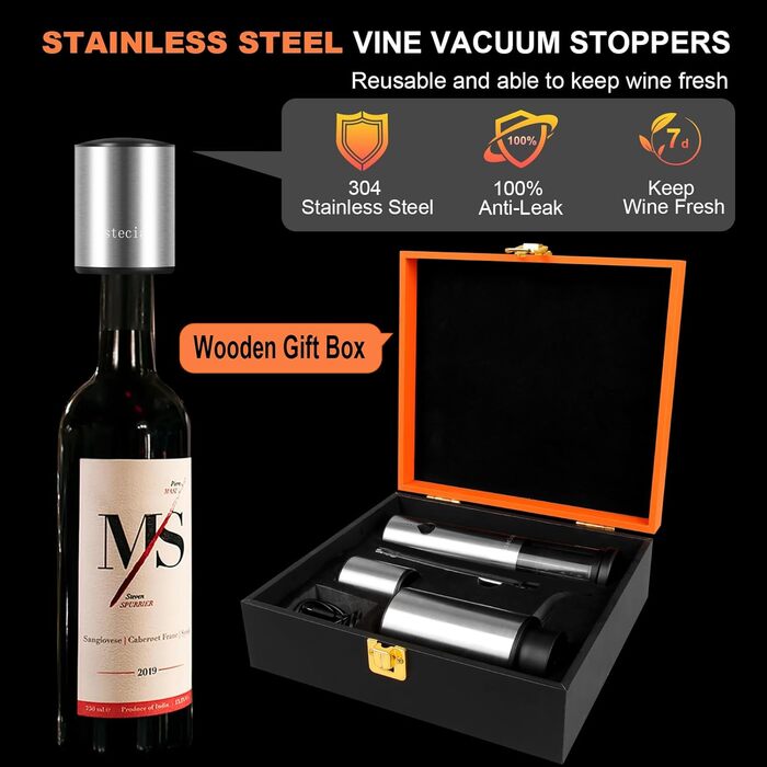Electric Wine Opener 4-in-1 Set with Automatic Wine Decanter & Wine Opener USB-C Rechargeable, Vacuum Stoppers, Foil Cutters, Gift Box for Wine Lovers