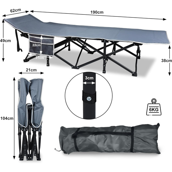 Розкладне ліжко-крісло для кемпінгу з сумкою для зберігання, до 250 кг, 190x62x38 см, для дорослих, відпочинку на природі, в саду, в подорожах