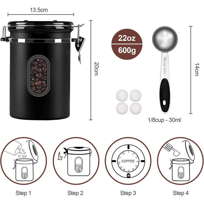 Контейнер для кави Rocky & Chao 1.8L з нержавіючої сталі, герметичний, для кавових зерен, чаю, горіхів, какао (Чорний)