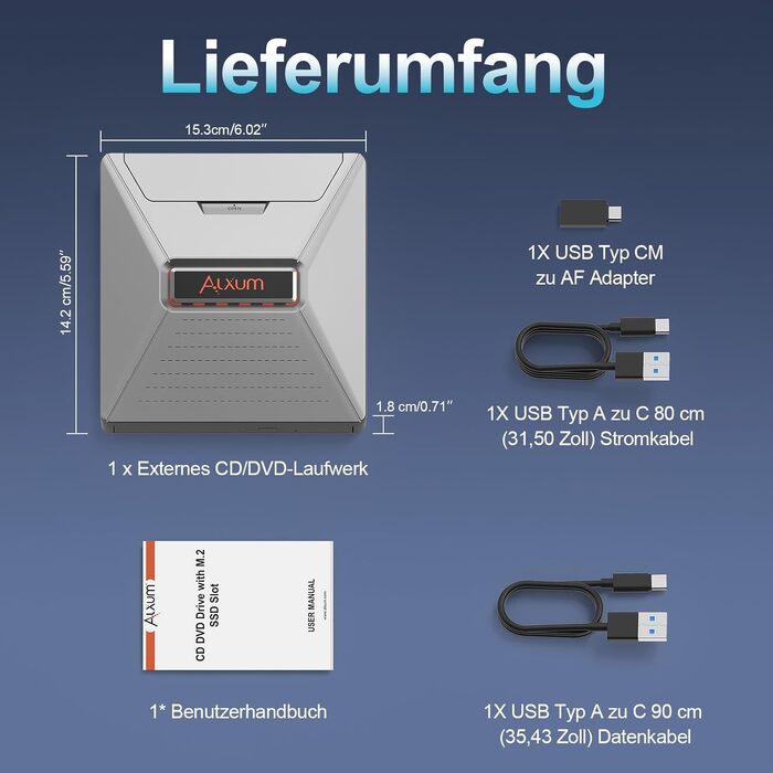 Зовнішній DVD-привід Alxum USB-C 3.0 з картридером SD/TF та додатковим USB-портом для ноутбука, DVD/CD запис та читання, Plug & Play, сірий