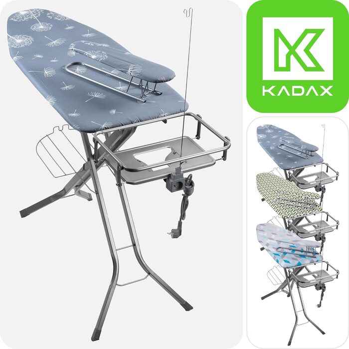 Прасувальна дошка KADAX з підвішуванням для рукавів 130x41 см, поверхня для прасування 53x13 см, з підставкою для праски та розеткою, складна, з підключенням до парогенератора, виготовлена в ЄС (Темно-синій)