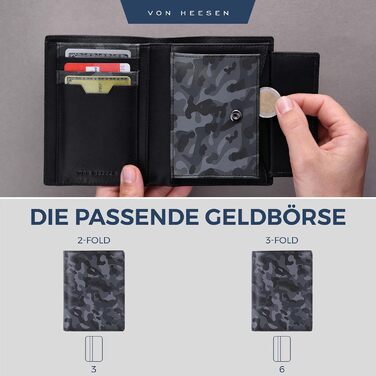 VON HEESEN Leather Wallet RFID Protection | Real Leather Wallet for Women & Men | Portemonnaie, Brieftasche, Wallet, Portmonee (Camouflage Grey)