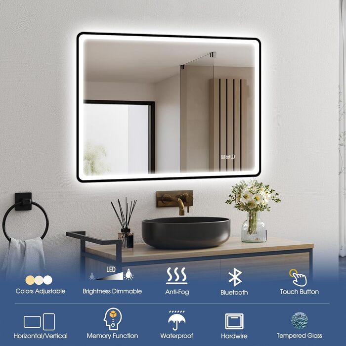 Дзеркало для ванної кімнати зі світлодіодним підсвічуванням STARLEAD 80x60 см, Bluetooth, протитуманне, регульоване, 3 кольори світла, HD скло, IP44, горизонтальне/вертикальне