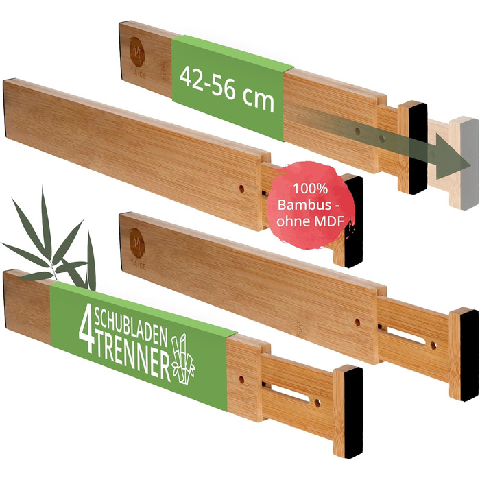 TAKE® Adjustable Drawer Dividers, 4 Pack [42-56cm] | Drawer Organizers, 100% Natural Bamboo | Flexible Drawer Divider System | Drawer Organization System for Kitchen | Drawer Organizer