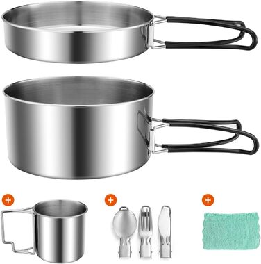 Набір кухонного посуду для кемпінгу Odoland 7 предметів: каструля, сковорода, тарілки, миски, столові прибори з нержавіючої сталі