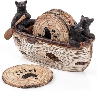 Bear Coasters Set of 6 Rustic Full Size Coasters in Handmade Canoe with Adorable Black Bear Figurines