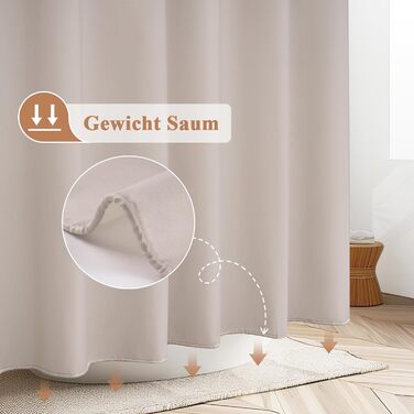 Штора для душу EurCross 180x200 см, текстильна, водонепроникна, бежева. З антигрибковим покриттям, машинне прання, з 12 кільцями